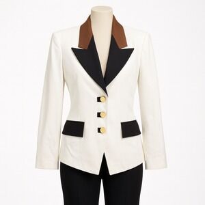 Sassco Blazer Women's Size 10 White Brown Black Gold‎ Buttoned Vintage Coat